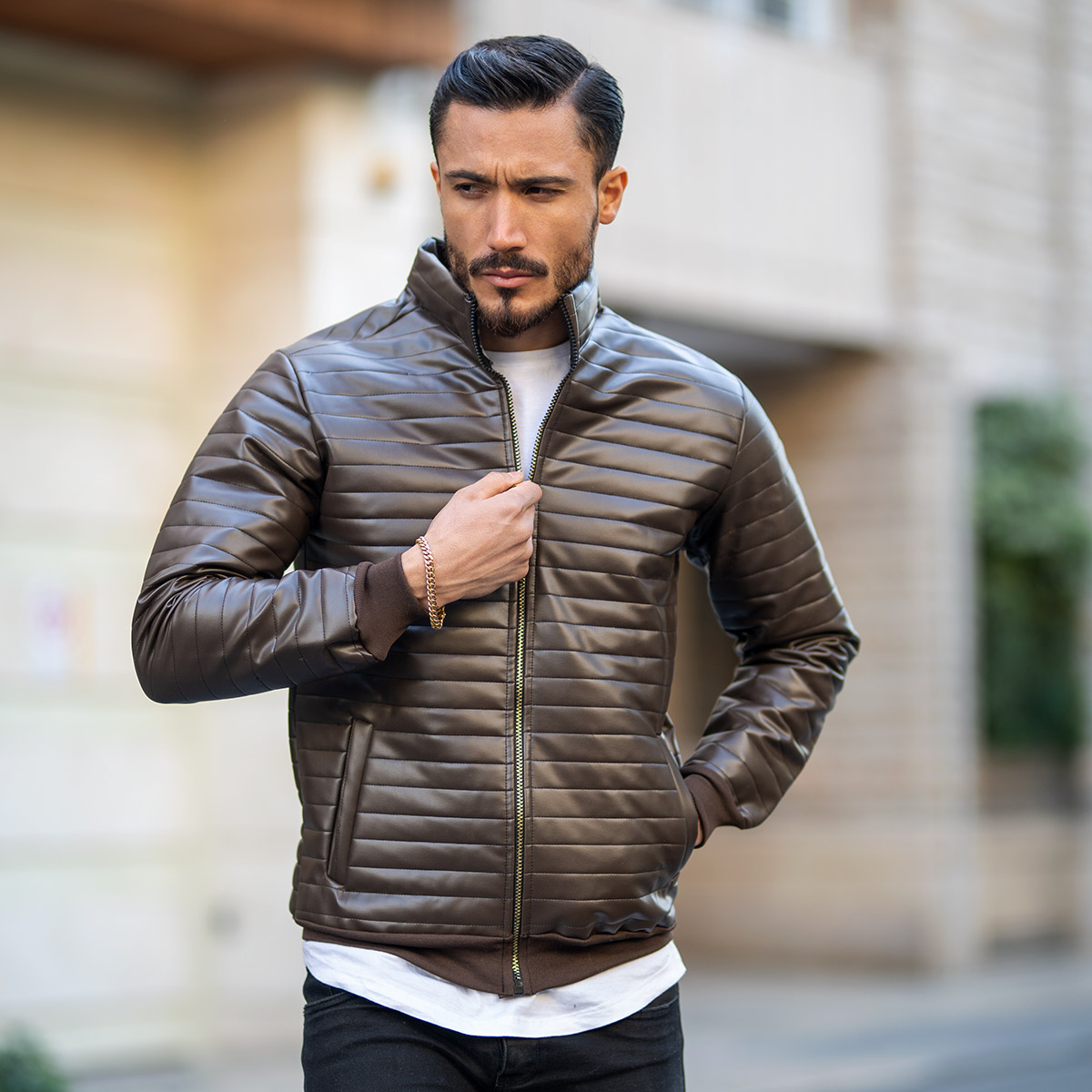 کاپشن چرم alex قهوه ای